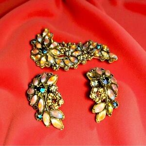 Vint GIVRE 3piece set navette- shaped opalescent glass cabochons brooch earrings